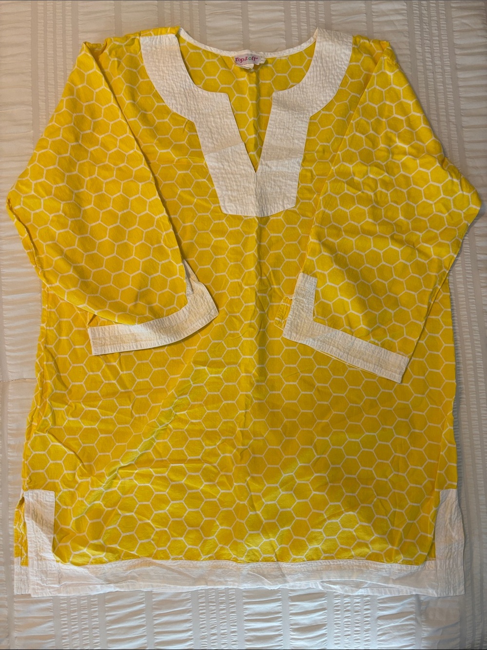 Top It Off Yellow Honeycomb Swimsuit Cover Up with White Trim Size Large